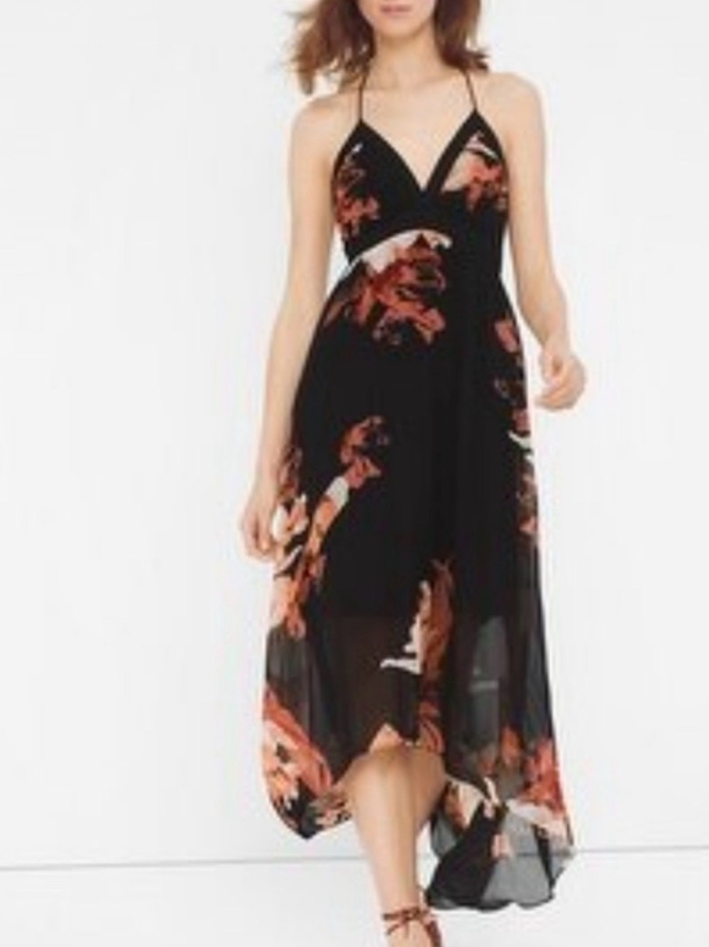White House Black Market Black Floral High-Low Spaghetti Strap Dress